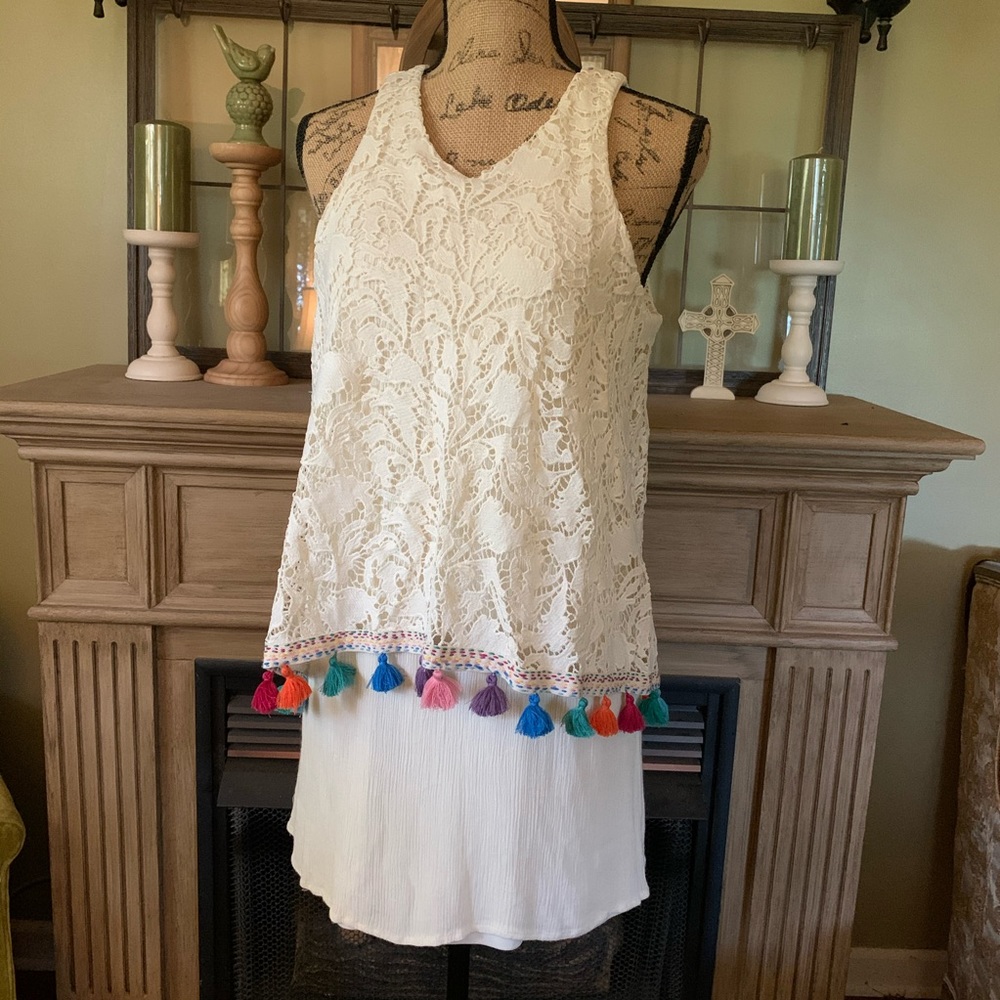 Lace boho style dress with rainbow tassels